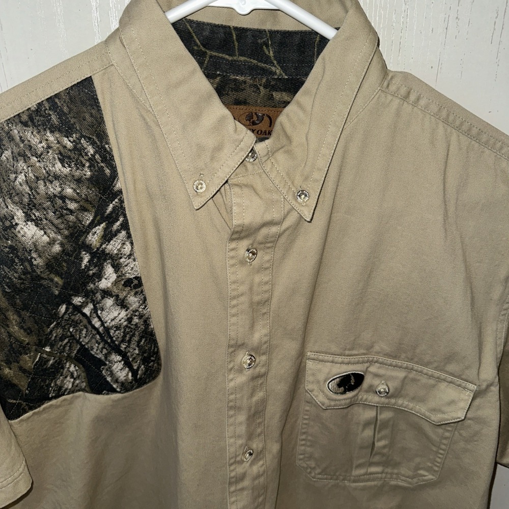 Mossy Oak Shooter Shirt Men's Short Sleeve Tan Camo‎ Beige Heavy Canvas  Large